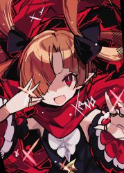 Rule 34 | 1girl, demon girl, detached sleeves, disgaea, disgaea rpg, hair ornament, hair over one eye, hair rings, highres, jewelry, kasumi koujou, looking at viewer, open mouth, pointy ears, red eyes, red scarf, ring, scarf, sicily (disgaea), sicily xeno (disgaea), smile, solo
