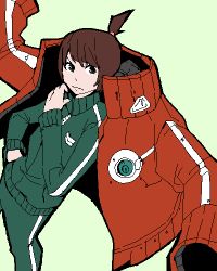 Rule 34 | 1girl, brown hair, coat, hand on own face, k (k o u i c h i), looking away, lowres, oekaki, original, ponytail, serious, short hair, solo, track suit