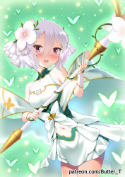 Rule 34 | blush, butter-t, clothing cutout, cowboy shot, dress, elf, flower, gauntlets, green background, hair between eyes, hair flower, hair ornament, holding, holding staff, kokkoro (princess) (princess connect!), kokkoro (princess connect!), light particles, looking at viewer, navel, navel cutout, open mouth, pink eyes, pointy ears, princess connect!, round teeth, short hair, smile, staff, standing, teeth, upper body, watermark, web address, white flower, white hair