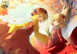 Rule 34 | 2girls, absurdres, aki minoriko, aki shizuha, autumn, autumn leaves, blonde hair, buttons, closed mouth, collared shirt, fruit hat ornament, grape hat ornament, hair ornament, hat, hat ornament, highres, leaf hair ornament, long sleeves, maisuiren, mob cap, multiple girls, open mouth, red headwear, red shirt, red skirt, shirt, short hair, siblings, sisters, skirt, smile, touhou, tree, yellow eyes, yellow shirt