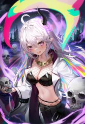 Rule 34 | 1girl, ahoge, bikini, bikini top only, black bikini, black skirt, blush, breasts, cityscape, cleavage, colored inner hair, cowboy shot, fishnet pantyhose, fishnets, grey hair, highres, holding, holding skull, horns, jacket, jewelry, large breasts, long hair, long sleeves, looking at viewer, multicolored hair, navel, necklace, night, open clothes, open jacket, open mouth, original, outdoors, pantyhose, pointy ears, purple eyes, shuvi (shuvi1125), skirt, skull, solo, stomach, swimsuit, very long hair, white jacket, wide sleeves