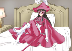 Rule 34 | 1girl, bed, black hair, boots, brown hair, capelet, cloak, corset, feathers, full body, gloves, high heel boots, high heels, highres, indoors, long hair, mask, mask (joshiraku), red eyes, user zgjw8247, white feathers
