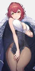Rule 34 | 1girl, bare shoulders, blush, breasts, coat, fur-trimmed coat, fur trim, heterochromia, high-waist skirt, highres, hololive, houshou marine, houshou marine (businesswoman), large breasts, looking at viewer, pantyhose, parted lips, red eyes, red hair, reulem, shirt, short hair, skirt, sleeveless, sleeveless shirt, solo, virtual youtuber, yellow eyes