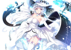 Rule 34 | 1girl, aircraft, airplane, arm up, azur lane, bare shoulders, biplane, black footwear, blue eyes, breasts, cleavage, collarbone, commentary request, dress, elbow gloves, garter straps, gloves, hand on headwear, hat, high heels, highres, illustrious (azur lane), large breasts, long hair, looking at viewer, low twintails, mayusaki yuu, outstretched arm, parted lips, petals, silver hair, solo, standing, standing on one leg, strapless, strapless dress, thighhighs, twintails, very long hair, white background, white dress, white gloves, white hat, white thighhighs