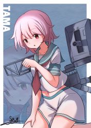 Rule 34 | 1girl, absurdres, aqua sailor collar, character name, commentary request, cowboy shot, highres, kantai collection, kneeling, looking at viewer, machinery, neckerchief, paw pose, pink hair, red eyes, red neckerchief, sailor collar, school uniform, serafuku, short hair, short sleeves, shorts, signature, solo, tama (kancolle), teisei sagishi, white shorts, zoom layer