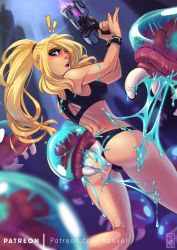 Rule 34 | !, !!, 1girl, alien, ass, ass biting, biting, blonde hair, blue eyes, blush, breasts, cameltoe, commentary, eyelashes, eyeshadow, from behind, helixel, high ponytail, highres, legs, lips, long hair, looking back, makeup, metroid, metroid (creature), nintendo, open mouth, patreon username, samus aran, solo focus, suggestive fluid, super metroid, thigh gap, wristband