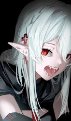 Rule 34 | 1girl, absurdres, ao oni (onioni-aoi), arknights, black background, braid, commentary, cross, cross earrings, cross hair ornament, crown braid, detached sleeves, earrings, fangs, hair between eyes, hair ornament, highres, jewelry, leaning forward, long hair, looking at viewer, open mouth, pale skin, pointy ears, red eyes, sideways glance, simple background, slit pupils, solo, tongue, tongue out, upper body, vampire, warfarin (arknights), white hair