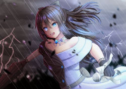 Rule 34 | 1girl, aqua eyes, artist name, artist request, back bow, bare shoulders, belt, black dress, black gloves, black skirt, blue eyes, blush, bow, bow hairband, breasts, brooch, brown hair, buttons, choker, cleavage, closed umbrella, cloud, collarbone, diamond (gemstone), dress, drop earrings, earrings, evening gown, female focus, floating hair, gloves, grey belt, grey bow, grey skirt, grey sky, hair between eyes, hair bow, hairband, half updo, high ponytail, highres, holding, holding microphone, holding umbrella, jewelry, lace, lace gloves, long hair, looking at viewer, love live!, love live! nijigasaki high school idol club, love live! school idol festival, microphone, miniskirt, multicolored clothes, multicolored dress, night, night sky, off-shoulder dress, off shoulder, osaka shizuku, outdoors, parted lips, plaid, plaid dress, plaid skirt, pleated, pleated dress, pleated skirt, ponytail, rain, skirt, sky, sleeveless, sleeveless dress, small breasts, smile, solitude rain (love live!), solo, thunder, two-tone dress, umbrella, white bow, white choker, white dress, white skirt, wind