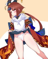 Rule 34 | :/, bad id, bad pixiv id, bare legs, benienma (fate), blush, bright pupils, cameltoe, closed mouth, clothes lift, commentary request, embarrassed, fate/grand order, fate (series), fundoshi, hat, highres, japanese clothes, kakihou, kimono, legs apart, lifted by self, looking at viewer, low ponytail, navel, panties, parted bangs, red eyes, red hair, red kimono, skirt, skirt lift, solo, standing, sweatdrop, tokin hat, underwear, white background, white panties, white pupils, yellow background