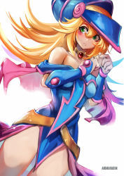 Rule 34 | 1girl, absurdres, animahakim, artist name, bare shoulders, blonde hair, blue dress, blue eyes, blush, collarbone, commentary request, dark magician girl, dress, green eyes, hair between eyes, hand up, hat, highres, jewelry, legs apart, long hair, looking to the side, magical girl, magician, necklace, parted lips, pink dress, simple background, solo, teeth, white background, yu-gi-oh!