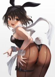 Rule 34 | 1girl, \m/, animal ears, ass, black hair, black leotard, blush, breasts, brown eyes, brown pantyhose, cowboy shot, fake animal ears, fake tail, fishnet pantyhose, fishnets, grey background, hair between eyes, kantai collection, leotard, looking back, medium breasts, open mouth, pantyhose, playboy bunny, rabbit ears, rabbit tail, scarf, sendai (kancolle), short hair, simple background, solo, tail, toka (marchlizard), two side up, white scarf, wrist cuffs