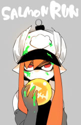 Rule 34 | 1girl, baseball cap, blouse, covered mouth, danimaru, domino mask, egg, elbow gloves, english text, female focus, fish bone, gloves, grey background, grey gloves, half-closed eyes, hand up, hat, highres, holding, inkling, inkling girl, inkling player character, long hair, looking up, mask, nintendo, orange hair, overalls, pointy ears, red eyes, salmon run (splatoon), shirt, simple background, sketch, slime (substance), solo, splatoon (series), splatoon 2, splatter, straight-on, twintails, upper body, white shirt