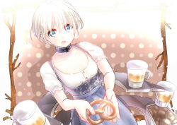 Rule 34 | 10s, 1girl, alcohol, bad id, bad pixiv id, beer, blue eyes, dirndl, food, german clothes, juurouta, kantai collection, looking at viewer, mecha musume, oktoberfest, open mouth, pretzel, short hair, silver hair, solo, underbust, z1 leberecht maass (kancolle)