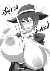 Rule 34 | 1girl, blazblue, bouncing breasts, breasts, gender request, genderswap, gigantic breasts, greyscale, hat, hazama, highres, huge breasts, jcdr, large areolae, monochrome, nipples, one eye closed, solo, torn clothes, unaligned breasts, wince