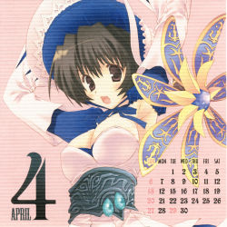 Rule 34 | 00s, 1girl, 2008, april, blue neckwear, blush, bonnet, bow, bowtie, breasts, brown eyes, brown hair, calendar, cleavage, detached sleeves, dress, fantasy earth zero, flower, hat, highres, long sleeves, looking at viewer, medium breasts, mitsumi misato, open mouth, pink background, short hair, smile, standing, strapless, strapless dress, white dress, white headwear