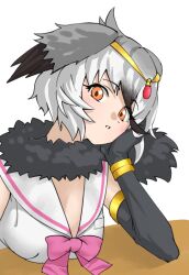 Rule 34 | 1girl, black gloves, black hair, bow, bowtie, commentary, elbow gloves, elbow rest, fur collar, gloves, gradient hair, greater rhea (kemono friends), grey hair, head rest, head wings, highres, kemono friends, looking at viewer, multicolored hair, orange eyes, parted lips, pink bow, pink bowtie, school uniform, serafuku, short hair, simple background, solo, tanabe (fueisei), upper body, white background, white hair, wings