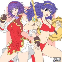 Rule 34 | 2girls, artist name, asamiya athena, athena (series), bikini, breasts, chinese clothes, fingerless gloves, gloves, highres, large breasts, legs, long hair, looking at viewer, multiple girls, navel, one eye closed, open mouth, princess athena, purple eyes, purple hair, red bikini, shield, short hair, smile, snk, swimsuit, sword, the king of fighters, the king of fighters xv, thighs, v, weapon, wink