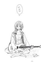 1girl alcohol_carton bass_guitar blunt_bangs blush bocchi_the_rock! bow braid braided_ponytail collarbone cowboy_shot crossed_legs double-parted_bangs dress enu_(brandnewday02) fang greyscale guitar_strap hair_bow hair_over_shoulder highres hiroi_kikuri holding holding_bass_guitar holding_instrument instrument jacket long_hair long_sleeves looking_at_viewer monochrome nail_polish off_shoulder open_clothes open_jacket simple_background single_braid sitting sketch sleeveless sleeveless_dress smile solo spaghetti_strap speech_bubble translated white_background