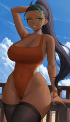 Rule 34 | 1girl, arm up, bare shoulders, black hair, blue sky, breasts, cleavage, cloud, collarbone, commentary, competition swimsuit, covered navel, creatures (company), curvy, dark-skinned female, dark skin, day, game freak, grin, groin, high ponytail, highleg, highleg swimsuit, highres, jewelry, large breasts, long hair, looking at viewer, multicolored hair, navel, nemona (pokemon), nintendo, one-piece swimsuit, orange one-piece swimsuit, outdoors, pokemon, pokemon sv, ponytail, ring, sky, smile, solo, streaked hair, swimsuit, thick thighs, thighhighs, thighs, v, wide hips, yellow eyes, zaphn
