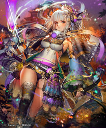 Rule 34 | 2girls, armor, armpits, asymmetrical legwear, aura, blush, breasts, crown, detached sleeves, feather hair ornament, feathers, fingernails, flower, grey eyes, hair ornament, holding, holding sword, holding weapon, impossible clothes, japanese armor, katana, kusazuri, large breasts, liduke, long hair, looking at viewer, multiple girls, night, night sky, official art, outdoors, pagoda, parted lips, petals, scabbard, sengoku saga, sheath, short shorts, shorts, silver hair, single thighhigh, sky, solo focus, standing, sword, thighhighs, uneven legwear, unsheathed, walking, watermark, weapon, wide sleeves