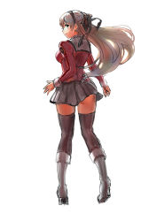 Rule 34 | 1girl, black bow, boots, bow, eiyuu densetsu, elie macdowell, from behind, green eyes, grey hair, grey skirt, grey thighhighs, hair bow, hairband, haoni, juliet sleeves, long hair, long sleeves, looking at viewer, looking back, pleated skirt, puffy sleeves, red shirt, shirt, simple background, skirt, smile, solo, standing, thighhighs, white background, zero no kiseki, zettai ryouiki