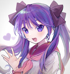 Rule 34 | 1girl, absurdres, blush, bow, double horizontal stripe, flipped hair, hair bow, hair ornament, hand up, heart, highres, hiiragi kagami, kisaragi shiho, long hair, looking at viewer, lucky star, neckerchief, open mouth, purple bow, purple eyes, purple hair, red neckerchief, red sailor collar, sailor collar, school uniform, serafuku, shirt, sidelocks, simple background, smile, solo, swept bangs, tsurime, twintails, upper body, waving, white background, white shirt