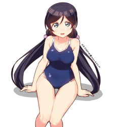 Rule 34 | 10s, 1girl, :d, aqua eyes, artist name, black hair, blue eyes, competition school swimsuit, long hair, love live!, love live! school idol project, one-piece swimsuit, open mouth, school swimsuit, scrunchie, simple background, sitting, skull573, smile, solo, swimsuit, tojo nozomi, twintails, twitter username, white background