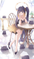 Rule 34 | 1girl, absurdres, alternate costume, alternate hairstyle, black dress, black hair, blue eyes, blush, bracelet, breasts, chair, closed eyes, creature, curtains, dress, elphe, floor, flower, halo, hands on own face, heels, highres, hololive, hololive english, jewelry, long hair, looking down, medium breasts, multiple others, necklace, ninomae ina&#039;nis, plant, reflective floor, roots, shoes, side ponytail, sitting, skirt, sunlight, table, takodachi (ninomae ina&#039;nis), vase, very long hair, virtual youtuber