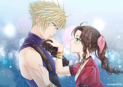 Rule 34 | 1boy, 1girl, aerith gainsborough, bangle, belt, blonde hair, blue eyes, blue shirt, bracelet, braid, braided ponytail, brown hair, choker, cloud strife, dress, earrings, final fantasy, final fantasy vii, final fantasy vii remake, flower choker, green eyes, hair between eyes, hair ribbon, hand on another&#039;s arm, hetero, holding hands, jacket, jewelry, kiss, kissing hand, long hair, looking at another, parted bangs, parted lips, pink dress, pink ribbon, puffy short sleeves, puffy sleeves, red jacket, ribbon, shirt, short hair, short sleeves, sidelocks, single earring, sleeveless, sleeveless turtleneck, smile, spiked hair, square enix, suspenders, sylvia m, turtleneck, twitter username, upper body