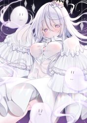 Rule 34 | 1girl, absurdres, breasts, buttons, dress, ghost, halloween, highres, long hair, looking at viewer, luigi&#039;s mansion, mario (series), medium breasts, mouth hold, new super mario bros. u deluxe, nintendo, pink eyes, princess king boo, tenti0619, white dress, white hair