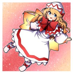 Rule 34 | 1girl, :d, blonde hair, blue eyes, bow, bowtie, capelet, dress, fairy wings, footwear bow, full body, highres, hurin raika, lily white, long hair, long sleeves, open mouth, red bow, red bowtie, smile, solo, touhou, white capelet, white dress, white footwear, white headwear, wide sleeves, wings