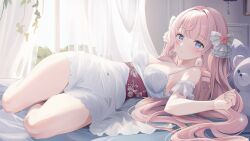Rule 34 | 1girl, blue eyes, bow, breasts, cleavage, commentary request, commission, curtains, dress, hair bow, himeno aimu, indie virtual youtuber, kurage cc, long hair, on bed, pink hair, skeb commission, solo, stuffed animal, stuffed toy, teddy bear, very long hair, virtual youtuber, white bow, white dress
