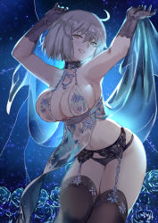 Rule 34 | 1girl, ahoge, arms up, artoria pendragon (lancer alter) (fate), artoria pendragon (lancer alter) (royal icing) (fate), bad id, bad pixiv id, black gloves, black thighhighs, breasts, choker, cleavage, club3, elbow gloves, fate/grand order, fate (series), garter belt, garter straps, gloves, highres, jeanne d&#039;arc (fate), jeanne d&#039;arc alter (avenger) (fate), jeanne d&#039;arc alter (fate), large breasts, looking at viewer, navel, official alternate costume, parted lips, royal icing, short hair, silver hair, smile, solo, thighhighs, yellow eyes