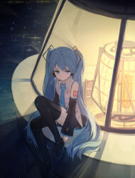 Rule 34 | 1girl, absurdres, arm at side, bare shoulders, black sleeves, black thighhighs, blue eyes, blue hair, blue necktie, boots, collared shirt, dangling, detached sleeves, full body, hair between eyes, hair ornament, hatsune miku, headset, highres, knee up, lighthouse, long hair, looking to the side, microphone, mihoranran, name tag, necktie, night, number tattoo, railing, shirt, sidelocks, sitting, sleeveless, sleeveless shirt, solo, tattoo, thigh boots, thighhighs, thighs, twintails, vocaloid, white shirt