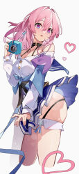 Rule 34 | 1girl, absurdres, ass, bare shoulders, black choker, blue eyes, blue jacket, blue ribbon, blue skirt, blush, breasts, buttons, camera, choker, chongchongbao mushi, cleavage, collarbone, collared shirt, hair between eyes, hand up, heart, highres, holding, holding camera, honkai: star rail, honkai (series), jacket, large breasts, long sleeves, looking at viewer, march 7th (honkai: star rail), miniskirt, multicolored eyes, off shoulder, open clothes, open jacket, open mouth, pink eyes, pink hair, puffy long sleeves, puffy sleeves, ribbon, shirt, short hair, simple background, skirt, solo, standing, teeth, tied jacket, white background, white shirt