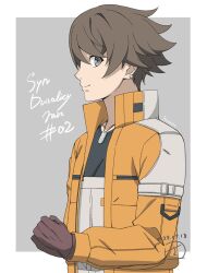 Rule 34 | 1boy, black shirt, border, brown gloves, brown hair, clenched hand, collarbone, copyright name, dated, dog tags, earrings, gloves, grey background, grey eyes, grey overalls, highres, jacket, jewelry, kanata (synduality), looking at viewer, male focus, necklace, orange jacket, outside border, overalls, shirt, short hair, smile, solo, synduality, tsukishiros, white border