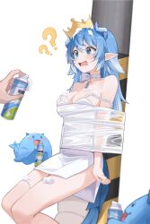Rule 34 | 1girl, ?, ??, @ @, absurdres, aqua eyes, bare shoulders, blue hair, bound, breasts, chinese commentary, commentary request, crown, crystal horns, exitus, fang, highres, long hair, medium breasts, midori xu, open mouth, paroniie (vtuber), pointy ears, restrained, shaving cream, simple background, sitting, solo, sweat, tail, tied up (nonsexual), virtual youtuber, white background