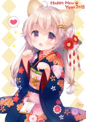 Rule 34 | 1girl, 2018, :3, :d, ahoge, animal ears, artist name, beads, blue kimono, blush, bone hair ornament, brown eyes, commentary request, dog ears, floral print, flower, hair beads, hair between eyes, hair flower, hair ornament, happy new year, heart, japanese clothes, kimono, light brown hair, long hair, looking at viewer, low-tied long hair, new year, obi, open mouth, original, paw pose, print kimono, red flower, sash, signature, smile, solo, sparkle, spoken heart, usashiro mani, very long hair