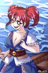 Rule 34 | 1girl, blush, boat, breasts, brown sash, cleavage, coin, coin on string, day, hair bobbles, hair ornament, highres, karebu52, large breasts, looking at viewer, ocean, onozuka komachi, open mouth, outdoors, phantasmagoria of flower view, red eyes, red hair, rod of remorse, scythe, smile, solo, touhou, two side up, water, watercraft