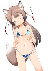 Rule 34 | 1girl, :3, animal ears, bikini, brown hair, buttons, closed eyes, covered erect nipples, double-breasted, flat chest, fox ears, fox tail, hair ribbon, highres, kantai collection, kazagumo (kancolle), long hair, looking at viewer, micro bikini, multi-strapped bikini, nassukun, navel, ponytail, ribbon, smile, solo, standing, striped bikini, striped clothes, swimsuit, tail, teeth, white background