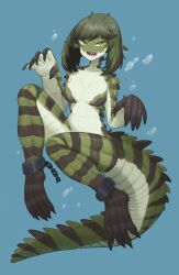 Rule 34 | 1girl, air bubble, ankle cuffs, blue background, broken, broken chain, bubble, chain, claws, colored skin, commentary request, crocodile girl, crocodilian tail, daon (kenta111881), earrings, full body, green hair, green skin, highres, jewelry, looking at viewer, monster girl, multicolored skin, open mouth, original, pointy ears, reptile girl, scales, sharp teeth, short hair, simple background, slit pupils, solo, tail, teeth, tsurime, yellow eyes