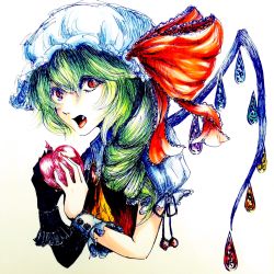 Rule 34 | 1girl, apple, ascot, ballpoint pen (medium), brooch, cuff links, fang, fingernails, flandre scarlet, food, fruit, graphite (medium), green hair, hat, hat ribbon, highres, jewelry, looking at viewer, marker (medium), mob cap, nail polish, open mouth, puffy short sleeves, puffy sleeves, red eyes, ribbon, short hair, short sleeves, side ponytail, simple background, slit pupils, solo, touhou, traditional media, upper body, usagiyori, white background, wings, wrist cuffs
