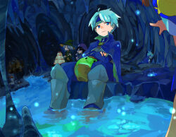 1girl arle_nadja armor blue_cape blue_eyes blue_headband blue_pants breastplate cape cave cave_interior closed_mouth crossed_arms donguri_gaeru frog headband high_collar klug_(puyopuyo) koboshita-z lemres_(puyopuyo) light_particles looking_at_another male_focus multiple_boys pants puyopuyo risukuma_(puyopuyo) schezo_wegey shin_guards short_hair sig_(puyopuyo) soaking_feet white_hair