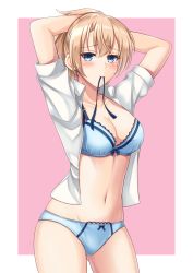 Rule 34 | 1girl, bad id, bad pixiv id, blonde hair, blue bra, blue eyes, blue panties, blush, bra, bra strap, breasts, cleavage, collarbone, hand on headwear, highres, long hair, looking at viewer, medium breasts, navel, open clothes, open shirt, original, panties, pink background, shirt, solo, stomach, underwear, white shirt, yamato (083)