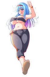 Rule 34 | 1girl, armpits, bare arms, black pants, black tube top, blue hair, blunt bangs, blush, breasts, c.r., commentary request, curvy, gradient hair, hairband, highres, jogging, large breasts, long hair, multicolored hair, navel, open mouth, original, pants, purple eyes, purple hair, simple background, solo, sports bra, stomach, strapless, teeth, track pants, tube top, two-tone hair, underboob, upper teeth only, watch, white background, wristwatch
