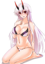 Rule 34 | 1girl, barefoot, bikini, bow, breasts, cleavage, collarbone, commentary request, engo (aquawatery), fate/grand order, fate (series), full body, grey bikini, headband, horns, large breasts, lips, long hair, navel, oni horns, ponytail, red bow, red eyes, silver hair, simple background, sitting, solo, swimsuit, tomoe gozen (fate), very long hair, wariza, white background