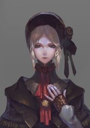 Rule 34 | 1girl, absurdres, blonde hair, bloodborne, blue eyes, bonnet, cloak, doll joints, flower, from software, grey background, hand on own chest, highres, joints, lips, looking at viewer, plain doll, rose, short hair, simple background, solo, swept bangs, upper body, y (wuhanyxt)