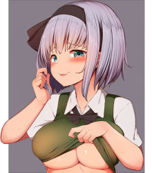Rule 34 | 1girl, absurdres, black bow, black bowtie, black hairband, black ribbon, blush, bob cut, bow, bowtie, breasts, clothes lift, collarbone, collared shirt, commentary request, dress shirt, flashing, green eyes, grey hair, hair ribbon, hairband, highres, holding, holding hair, konpaku youmu, large breasts, lifted by self, looking at viewer, moyashi baasuto, naughty face, no bra, open mouth, outside border, pillarboxed, ribbon, shiny skin, shirt, shirt lift, short hair, short sleeves, skindentation, smile, solo, tongue, touhou, translation request, underboob, upper body, white shirt, wing collar