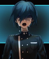Rule 34 | 1boy, ahoge, alternate hair color, black background, black hair, brown eyes, buttons, crying, crying with eyes open, danganronpa (series), danganronpa v3: killing harmony, double-breasted, gakuran, green background, green hair, hair between eyes, laaaicha, letterboxed, long sleeves, looking at viewer, male focus, open mouth, saihara shuichi, school uniform, short hair, solo, striped, striped background, tears, upper body