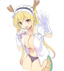 Rule 34 | 1girl, blonde hair, breasts, cleavage, collarbone, cool-kyou shinja, dragon girl, dragon horns, gloves, highres, horns, kobayashi-san chi no maidragon, large breasts, looking at viewer, maid headdress, navel, no bra, official art, open clothes, open shirt, shirt, sidelocks, simple background, slit pupils, smile, stomach, tail, thighs, tohru (maidragon), twintails, white background, white gloves, white shirt